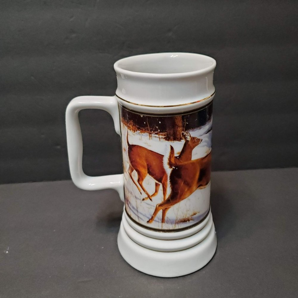 Vintage Beer Mug with Whitetail Deer, Art by Jack Paluh, Whitetails in Retreat